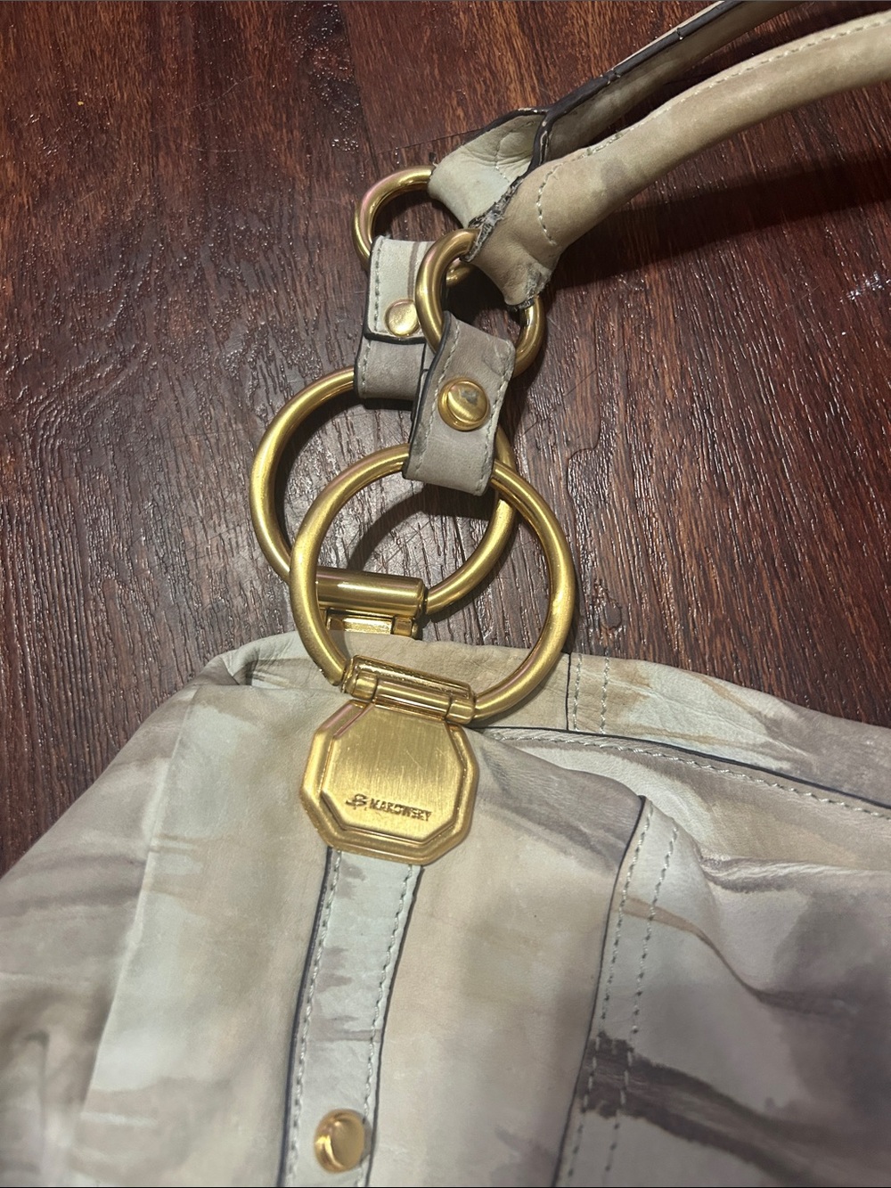 b. makowsky Beige and Light Gray Tie-Dye Leather Shoulder Bag with Gold Hardware - Picture 11 of 14